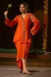 Buy_Prahnaaya_Orange Vegan Silk, Crepe Applique, Mangala Jacket Tunic With Pleated Skirt _at_Aza_Fashions