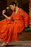 Shop_Prahnaaya_Orange Vegan Silk, Crepe Applique, Mangala Jacket Tunic With Pleated Skirt _Online_at_Aza_Fashions