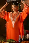 Shop_Prahnaaya_Orange Crepe, , Vegan Applique, Mangala Asymmetric Kurta With Salwar _Online_at_Aza_Fashions