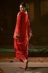 Shop_Prahnaaya_Red Vegan Silk, Crepe Applique, Pearls Ramani Jacket Tunic With Pleated Skirt _at_Aza_Fashions