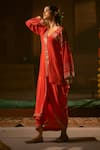 Prahnaaya_Red Vegan Silk, Crepe Applique, Pearls Ramani Jacket Tunic With Pleated Skirt _Online_at_Aza_Fashions