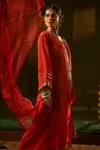 Shop_Prahnaaya_Red Vegan Silk, Organza Applique, Pearls, Ramani Jacket Tunic With Pleated Skirt _Online_at_Aza_Fashions