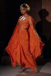 Prahnaaya_Orange Vegan Silk, Crepe Applique, Pearls Mangala Embroidered Cape Skirt Set _Online_at_Aza_Fashions