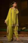Buy_Prahnaaya_Green Organza Applique, Pearls Split V-neck Veere Embroidered Kurta Set _at_Aza_Fashions