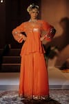 Buy_Prahnaaya_Orange Vegan Silk, Crepe Applique, Mangala Embroidered Peplum Top And Palazzo Set _at_Aza_Fashions