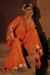 Buy_Prahnaaya_Orange Vegan Silk, Crepe Applique, Mangala Embroidered Peplum Top And Palazzo Set _Online_at_Aza_Fashions