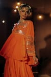 Shop_Prahnaaya_Orange Vegan Silk, Crepe Applique, Mangala Embroidered Peplum Top And Palazzo Set _Online_at_Aza_Fashions