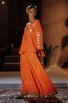 Prahnaaya_Orange Vegan Silk, Crepe Applique, Mangala Embroidered Peplum Top And Palazzo Set _at_Aza_Fashions