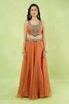 Prisho Orange Organza Embroidery, Sequins, Stones, Beads Round Neck Blouse Lehenga Set Online at Aza Fashions Prisho_Orange Organza Embroidery, Sequins, Stones, Beads Round Neck Blouse Lehenga Set _Online_at_Aza_Fashions