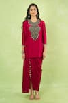 Shop_Prisho_Red Sequins, Stones Round Neck Embroidered Kurta With Draped Skirt _Online_at_Aza_Fashions