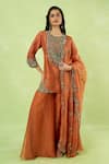 Buy_Prisho_Orange Embroidery Round Neck Kurta Sharara Set _at_Aza_Fashions