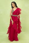 Buy_Prisho_Red Organza Ruffles, Embroidery, Zari, Beads, Pre-draped Saree With Blouse _Online_at_Aza_Fashions