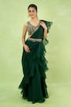 Buy_Prisho_Green Embroidery, Zari, Metallic Thread, Ruffle Pre-draped Saree With Blouse _at_Aza_Fashions