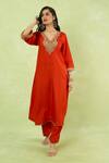 Shop_Sheetal Batra_Orange Embroidery, Zari V-neck Kaftan With Salwar _Online_at_Aza_Fashions