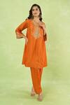 Buy_Sheetal Batra_Orange Embroidery, Zari Split V-neck Gathered Kurta With Salwar _at_Aza_Fashions