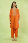 Sheetal Batra_Orange Embroidery, Zari Split V-neck Gathered Kurta With Salwar _Online_at_Aza_Fashions