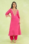 Buy_Sheetal Batra_Pink Embroidery Split V-neck Gathered Kurta With Salwar _at_Aza_Fashions