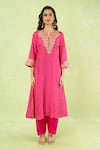Sheetal Batra_Pink Embroidery Split V-neck Gathered Kurta With Salwar _Online_at_Aza_Fashions