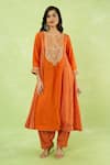 Shop_Sheetal Batra_Orange Embroidery V-neck Long Kurta With Salwar _Online_at_Aza_Fashions