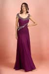 Buy_Tarun Tahiliani_Purple Sequins, Beads Boat Neck Embroidered Draped Gown _at_Aza_Fashions