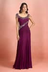 Shop_Tarun Tahiliani_Purple Sequins, Beads Boat Neck Embroidered Draped Gown _Online_at_Aza_Fashions