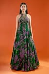 Shop_Mahima Mahajan_Green Sequins, Stones, Embroidery High Neck Floral Print Corset Lehenga Set _Online_at_Aza_Fashions