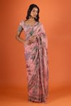 Mahima Mahajan_Pink Embroidery, Sequins, Zari Sweetheart Neck, Floral Print Saree With Blouse _Online_at_Aza_Fashions