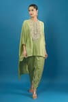 Shop_Prisho_Green Embroidery, Beads, Stones Round Neck Kaftan And Pant Set _Online_at_Aza_Fashions