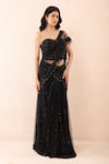 Priyanka Jain_Black Net Sequins, Beads, Tassels Embroidered Pre-draped Saree With Blouse _at_Aza_Fashions