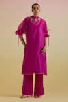 Buy_Bunka_Pink Silk Organza, Satin Beads, Stones, Zari, Bia Sheer Kurta And Pant Set _at_Aza_Fashions