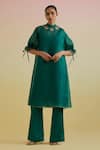 Buy_Bunka_Emerald Green Silk Organza, Satin Beads, Stones, Zari Bia Sheer Kurta And Pant Set _at_Aza_Fashions