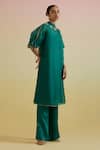 Shop_Bunka_Emerald Green Silk Organza, Satin Beads, Stones, Zari Bia Sheer Kurta And Pant Set _Online_at_Aza_Fashions