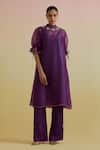 Buy_Bunka_Purple Silk Organza, Satin Beads, Stones, Zari High Bia Sheer Kurta And Pant Set _at_Aza_Fashions