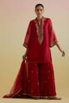 Buy_Bunka_Red Organza Embroidery, Sequins, Metallic Thread Split Aashra Kurta Sharara Set _at_Aza_Fashions