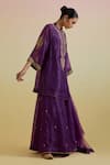 Bunka_Purple Organza Embroidery, Sequins, Zari Split V-neck, Aashra Kurta Sharara Set _Online_at_Aza_Fashions
