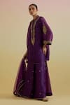 Buy_Bunka_Purple Organza Embroidery, Sequins, Zari Split V-neck, Aashra Kurta Sharara Set _Online_at_Aza_Fashions