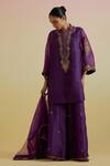 Buy_Bunka_Purple Organza Embroidery, Sequins, Zari Split V-neck, Aashra Kurta Sharara Set _at_Aza_Fashions