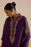 Bunka_Purple Organza Embroidery, Sequins, Zari Split V-neck, Aashra Kurta Sharara Set _at_Aza_Fashions