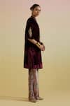 Bunka_Wine Velvet Embroidery Mandarin Collar, Split V-neck Ananya Kurta And Pant Set _Online_at_Aza_Fashions