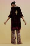 Shop_Bunka_Wine Velvet Embroidery Mandarin Collar, Split V-neck Ananya Kurta And Pant Set _at_Aza_Fashions