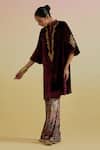 Buy_Bunka_Wine Velvet Embroidery Mandarin Collar, Split V-neck Ananya Kurta And Pant Set _Online_at_Aza_Fashions