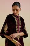 Shop_Bunka_Wine Velvet Embroidery Mandarin Collar, Split V-neck Ananya Kurta And Pant Set _Online_at_Aza_Fashions