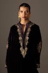 Bunka_Purple Velvet Embroidery V-neck, Collared Ananya Kaftan Kurta _at_Aza_Fashions