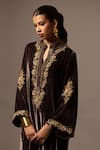 Bunka_Brown Velvet Embroidery Split V-neck, Mandarin Collar Ananya Kaftan Kurta _Online_at_Aza_Fashions