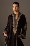 Buy_Bunka_Brown Velvet Embroidery Split V-neck, Mandarin Collar Ananya Kaftan Kurta _Online_at_Aza_Fashions