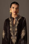 Shop_Bunka_Brown Velvet Embroidery Split V-neck, Mandarin Collar Ananya Kaftan Kurta _Online_at_Aza_Fashions