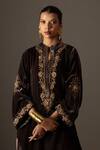 Bunka_Brown Velvet Embroidery Split V-neck, Mandarin Collar Ananya Kaftan Kurta _at_Aza_Fashions