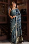 Geroo Jaipur_Blue Modal, Silk Sequins, Indigo Printed Saree With Unstitched Blouse Piece _Online_at_Aza_Fashions