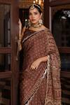Geroo Jaipur_Beige Modal Sequins, Zari Block Printed Saree With Unstitched Blouse Piece _at_Aza_Fashions
