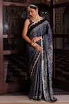 Geroo Jaipur_Blue Modal, Silk Sequins, Ajrakh Printed Saree With Unstitched Blouse Piece_Online_at_Aza_Fashions